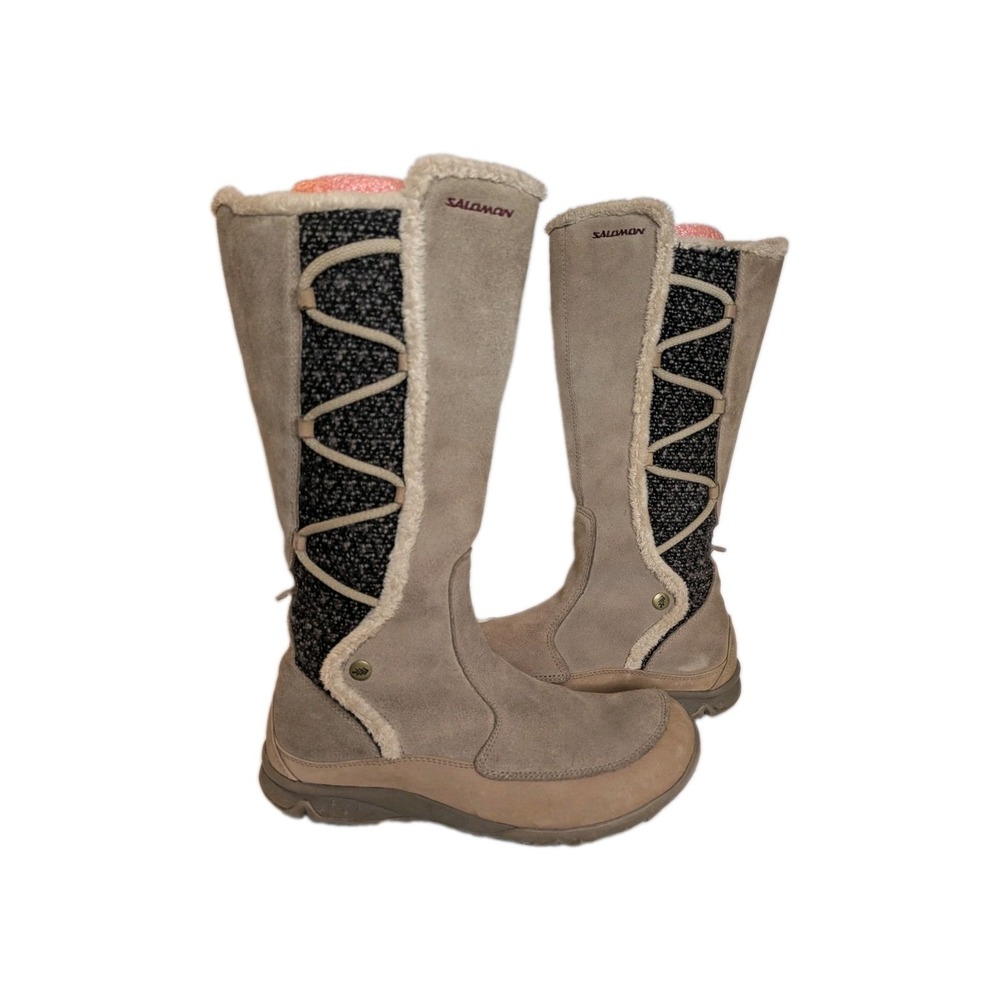 Salomon-Emmy Boots Womens 7.5 Beige Suede Leather Thinsulate Zip Up Eskimo Boho